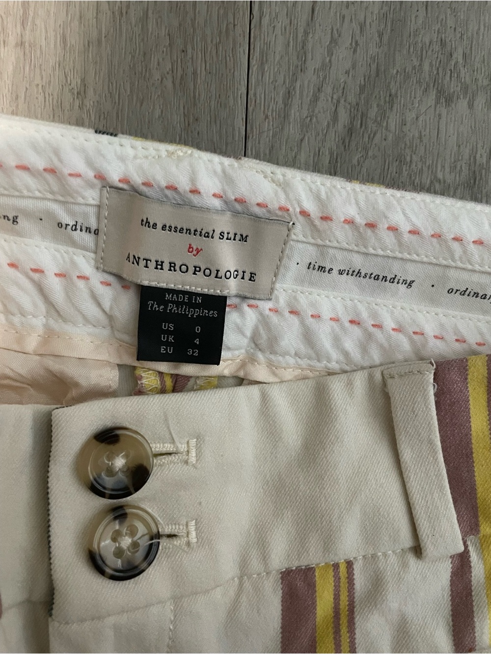 Anthropologie White Cotton-Blend Pants with Yellow & Pink Stripes - Picture 2 of 3